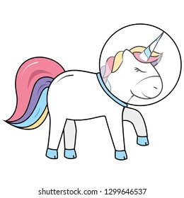 Beautiful little fairy unicorn with big awesome rainbow tail and astronaut helmet. Cute pony stand calm with eyes closed and one leg up. Isolated vector illustration, black strokes, white background.
