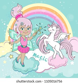 Beautiful little fairy with a unicorn on a rainbow in the clouds