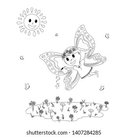 beautiful little flower fairy watering flowers, linear design,coloring
