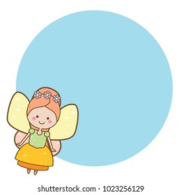 Beautiful little flying fairy character. Blue round frame design template for photos, children diplomas, kids certificate, party invitations and etc