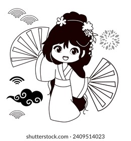 Beautiful little girl in anime style dressed in kimono. One line simple vector illustration chibi female. Coloring book for children