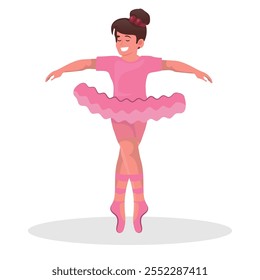 linda garotinha com traje de bailarina praticando dança, menina balançando em seus dedos. ilustração vetorial.