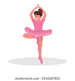 beautiful little girl in ballerina outfit practicing dance, girl balancing on her toes. vector illustration.