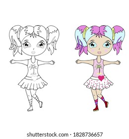 Beautiful little girl. Big cartoon eyes and head. Hand drawn contour vector illustration for coloring book, children game, tattoo.