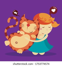 Beautiful little girl and cat. Girl playing with her cat. Girl hugging her cat. Love for cats. Vector illustration for print design