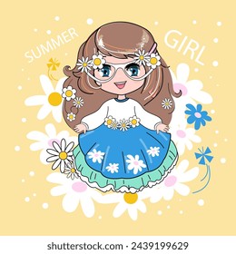 Beautiful little girl with chamomile. Vector cartoon illustration. Pop art style. Concept summer