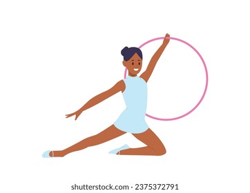 Beautiful little girl character performing with hula hoop showing rhythmic gymnastics dance