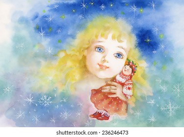 Beautiful little girl with a doll in folk costume on snowflakes background vector illustration
