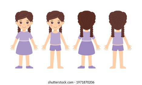 Beautiful little girl in a dress front and back view. Isolated child with pigtails in a swimsuit. Flat color cartoon style. White background. Vector stock illustration.