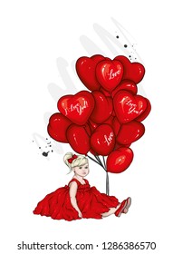 Beautiful little girl in a dress and with heart-shaped balloons. Charming baby. Valentine's Day, love, cupid. Vector illustration for postcard or poster, print for clothes.