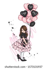 Hermosa niñita con vestido y globos en forma de corazón. Agradable bebé. Día de San Valentín, amor, cupido. Ilustración vectorial para postal o afiche, impreso para ropa. Ángel.