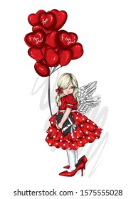 Beautiful little girl in a dress and with heart-shaped balloons. Charming baby. Valentine's Day, love, cupid. Vector illustration for postcard or poster, print for clothes. Angel.