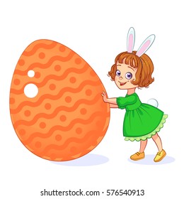 Beautiful little girl dressed as the Easter bunny with rabbit ears and tail pushes large painted Easter egg. Vector colorful Happy Easter greeting card illustration with child character.