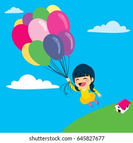 Beautiful little girl flying with balloon over the clouds in the sky