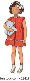 Beautiful little girl holding teddy bear in your hands. Retro style character.