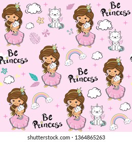 Beautiful little girl holding a unicorn cat and the inscription be princess seamless pattern