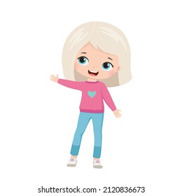 Beautiful little girl in jeans and a sweater. Cartoon vector character.