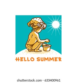 Beautiful little girl with kerchief and pail on sandy beach on sunny day. Cartoon vector illustration.