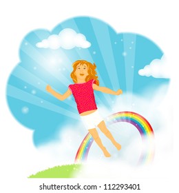 Beautiful little girl with long hair flying from the grass trough a rainbow into the blue sky in amazement, wonder and excitement, celebrating imagination and life itself. EPS10
