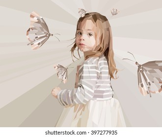 Beautiful little girl looking backward with butterflies around her made out of polygons shapes on triangles soft background 