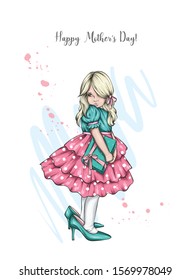 Beautiful little girl in a magnificent dress and high-heeled mother's shoes. Valentine's Day, March 8, Mother's Day. Vector illustration for a card or poster. A cute baby.