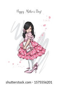 Beautiful little girl in a magnificent dress and high-heeled mother's shoes. Valentine's Day, March 8, Mother's Day. Vector illustration for a card or poster. A cute baby.