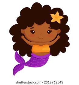  A Beautiful Little Girl Mermaid african american ethnicity. In an orange top and with a purple tail. Trendy kids vector illustration. For card, sticker, poster, game, clothing fabric print, pattern