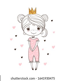 Beautiful little girl in pajamas. Cute birthday card, vector illustration for birthday, poster for nursery, baby shower. Doodle character isolated on white