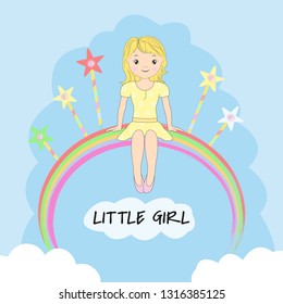 Beautiful little girl sitting on the rainbow. Greeting card. Graphics for t-shirts.