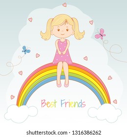 Beautiful little girl sitting on the rainbow. Best friends. Greeting card. Graphics for t-shirts.