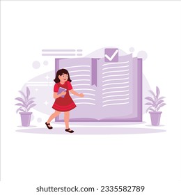 Beautiful little girl smiling cheerfully and walking while carrying a book. Trend Modern vector flat illustration.