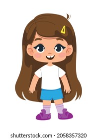 Beautiful little girl in sports shorts and a white T-shirt. Vector illustration of a character in a cartoon children s style. Isolated funny clipart on a white background. Cute print