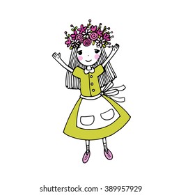 Beautiful little girl in a wreath. Hand drawing isolated objects on white background. Vector illustration.