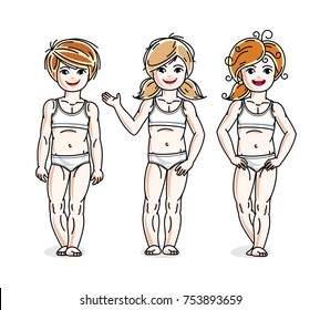 Beautiful little girls cute children standing in white underwear. Vector diversity kids illustrations set. Childhood and family lifestyle clip art.