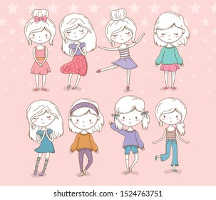 beautiful little girls group with pastel colors vector illustration design