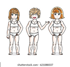 Beautiful little girls group posing in white underwear. Vector set of beautiful kids illustrations. Childhood and family lifestyle clip art.