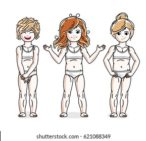 Beautiful little girls group posing in white underwear. Vector set of beautiful kids illustrations.