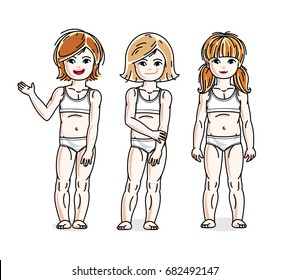 Beautiful little girls group posing in white underwear. Vector set of beautiful kids illustrations.