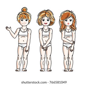 Beautiful little girls group posing in white underwear. Vector set of beautiful kids illustrations. Childhood and family lifestyle clip art.