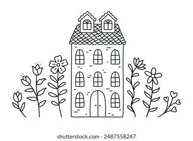 Beautiful little house with flowers isolated. Home Sweet Home. Hand-drawn vector illustration in doodle style. Perfect for decorations, cards, logo