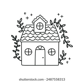 Beautiful little house with flowers isolated. Sweet Home. Hand-drawn vector illustration in doodle style. Perfect for decorations, cards, logo, various designs