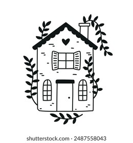 Hermosa casita con vegetación aislada. Dulce hogar. Ilustración vectorial dibujada a mano en estilo doodle. Perfecto para decoraciones, tarjetas, logotipo, varios diseños