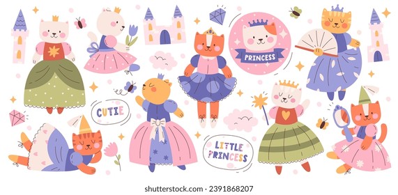 Hermoso personaje de princesa gato gatito vestido con bonito vestido y linda ilustración vectorial de la corona. Caricatura adorable hoy en día gatito doméstico animal de compañía diferente acción y plantea aislado conjunto