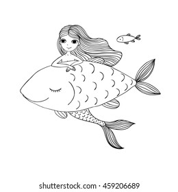 Beautiful little mermaid and big fish. Siren. Sea theme.Hand drawn vector illustration on a white background. Coloring book