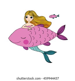 Beautiful little mermaid and big fish. Siren. Sea theme.Hand drawn vector illustration on a white background. 