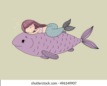 Beautiful little mermaid and big fish. Siren. Sea theme.Hand drawn vector illustration on a white background. 