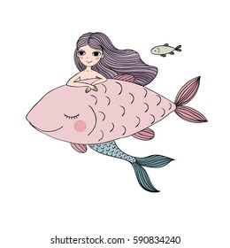 Beautiful Little Mermaid And Big Fish. Siren. Sea Theme.Hand Drawn Vector Illustration On A White Background. 