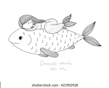 Beautiful little mermaid and big fish.Hand drawn vector illustration on a white background. Coloring book.