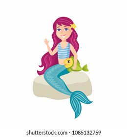 Beautiful little mermaid - cartoon people character isolated illustration on white background. Happy smiling fairytale girl sitting on a stone with a fish, waving her hand