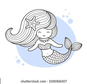 Beautiful little mermaid. Cute cartoon character. Vector illustration for print, card, poster, t-shirt, coloring books.